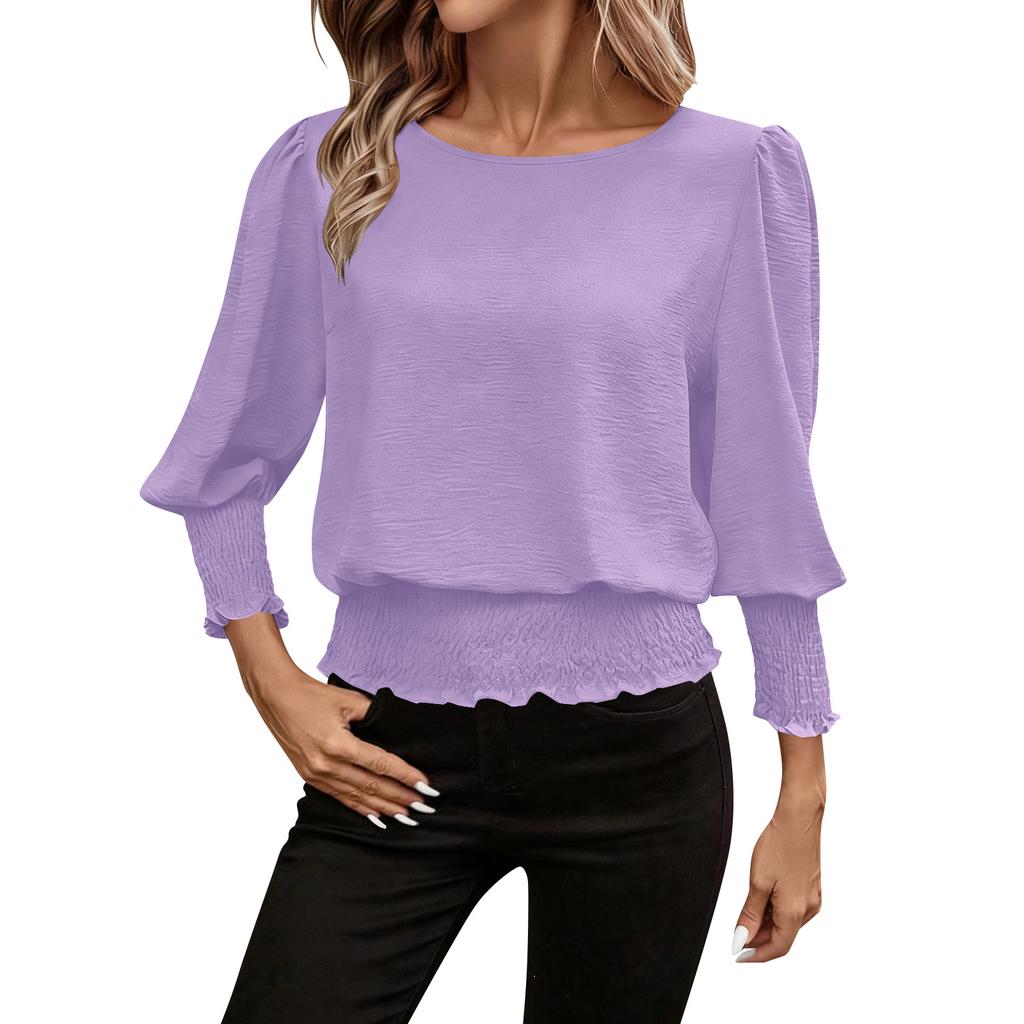 Women’s Fashion Solid Waist Cinched Puff Sleeve Casual Stretch Blouse Crew Neck T Shirt Top for Spring and Autumn