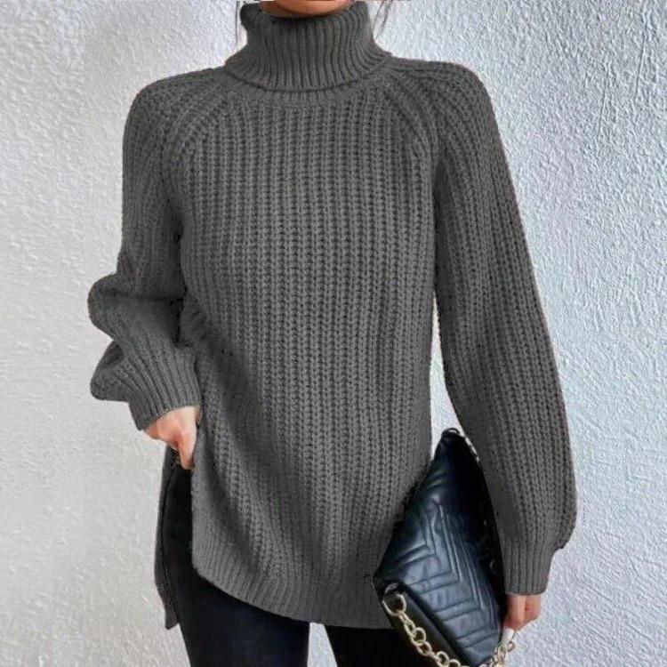 Soft Warm Knitwear Turtleneck Split Sweater Solid Mid Length Pullover Long Sleeve Raglan Casual Fashion Autumn Winter
