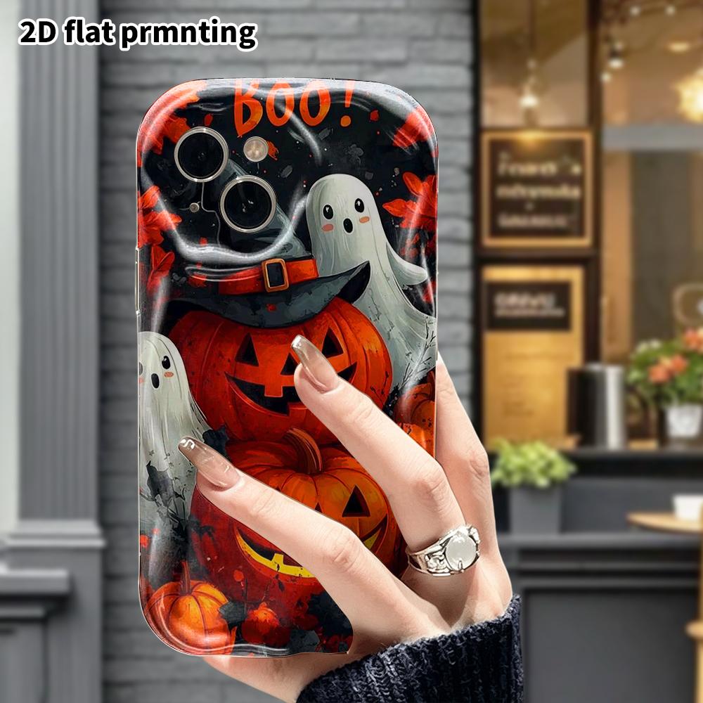 Phone Case: 2D Flat Design, Suitable for iPhone 18, 17, 16, 15, 14, 13, 12 Pro Protective Cases, Phone Decoration, Pumpkin and Two Ghosts, Halloween a
