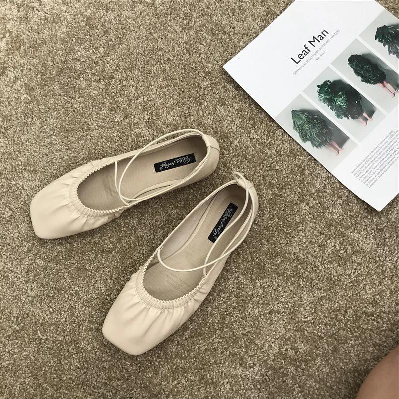 Pleated Single Shoes Women Square Toe Soft Ballet Flats Slip On Solid Color Elegant Dance Shoe Cross Ladies Loafers