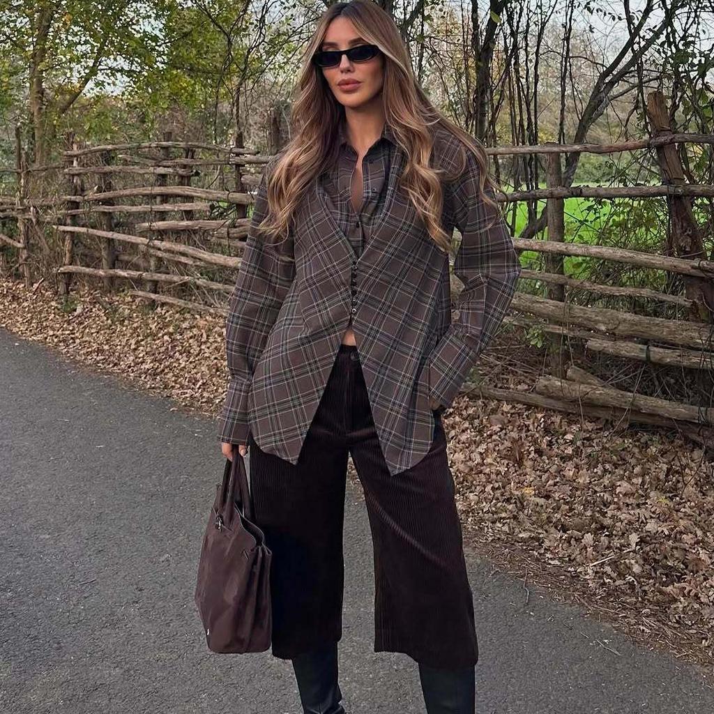 2026 Spring Collection: European & American Style Plaid Shirt - Chic, Casual, Retro Design with Waist-Cinching for a Trendy Look