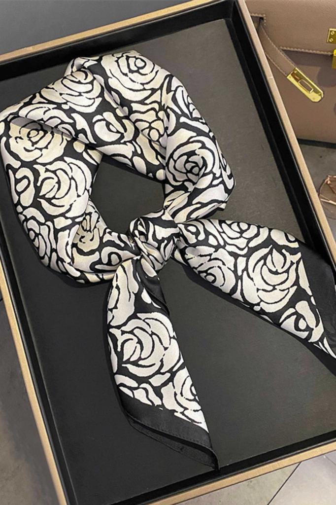 Women' Satin Scarf 70X70 - Black and White with Roses, Elegant and Feminine