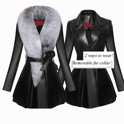 Trench in pelle di media lunghezza da donna invernale e cappotto in cotone sottile in pelliccia PU con collo in pelliccia di volpe sintetica