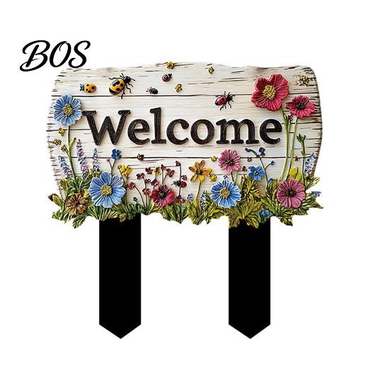 Yard Welcome Sign Floral Garden with Stake, Farmhouse Sign, Colorful Flowers Stake Art Rustic for Home Pathway Planter Decor Flower Pot