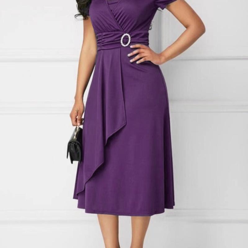 Women's V Neck Ruched Waist Asymmetrical Ruffle Midi Dress Elegant Party Dress