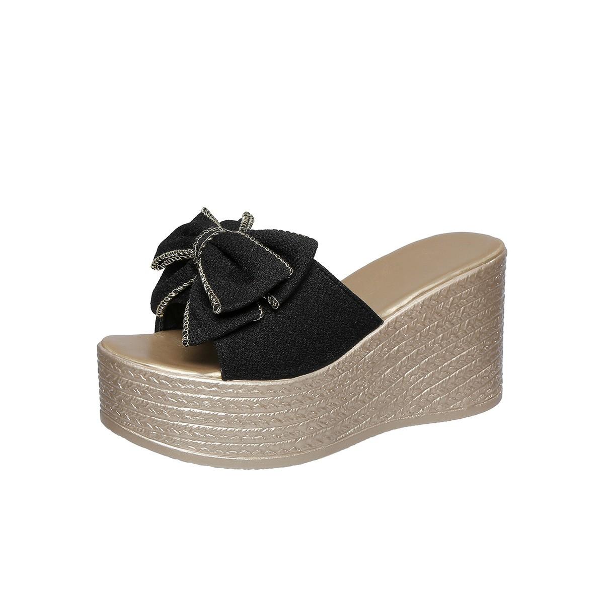 

Женские классные тапочки 2024 года, лето, новые, цветочные, водонепроницаемые, на толстой подошве, с танкеткой, внешние тапочки 35 чёрный