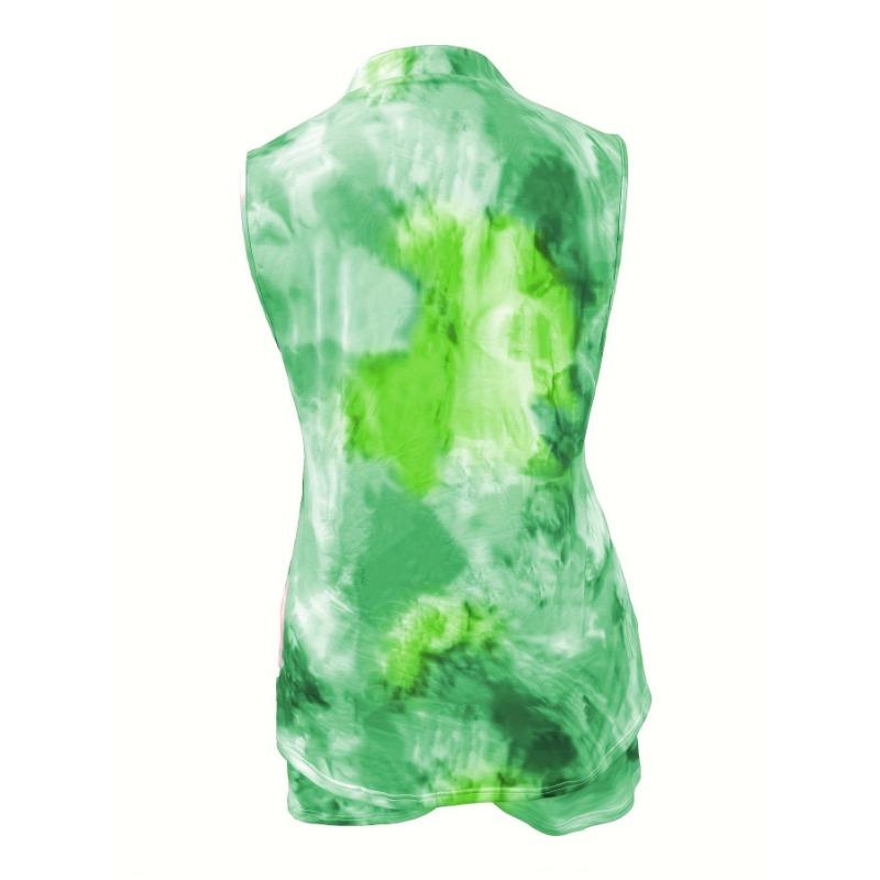 Women's Tie Dye 2 Piece Outfit, V Neck Sleeveless Top & Pocket Shorts Loungewear Set