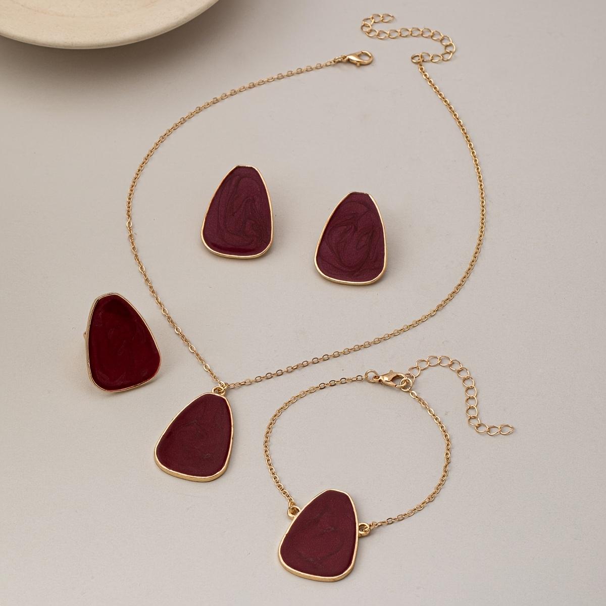 

European and American Fashion 5pcs Retro Street Style Red Resin Block Design Earrings Necklace Bracelet Ring Combination Set Accessories золотистый