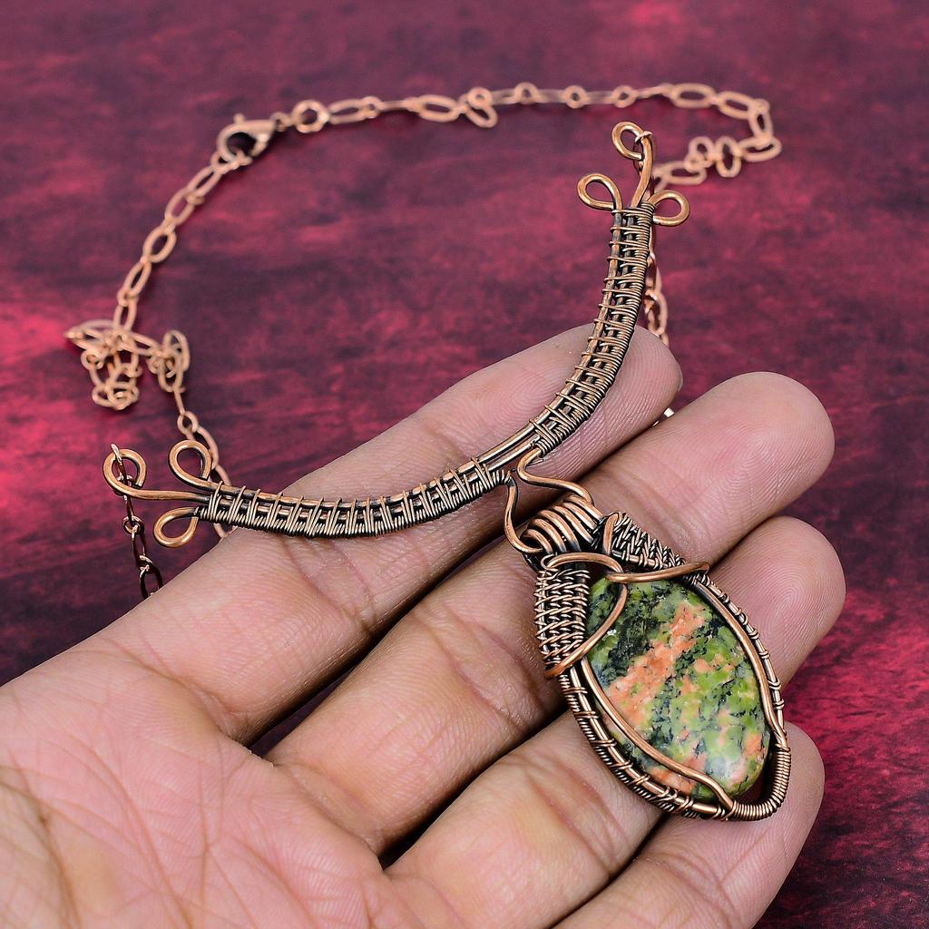 Unakite Gemstone Necklace Adjustable Chain Necklace Copper Wire Wrapped Jewelry