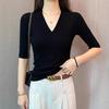 Women's Korean Style Black V-Neck Short Sleeve T-Shirt: Slimming Summer Fashion Top