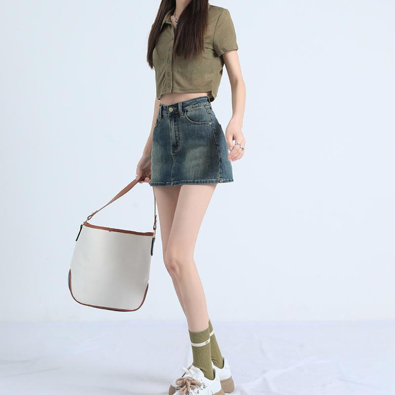 Fusta scurtă de denim retro Fusta scurtă de slăbire cu talie înaltă de vară pentru femei, Fusta înfășurată în șold cu linie A anti-orbire