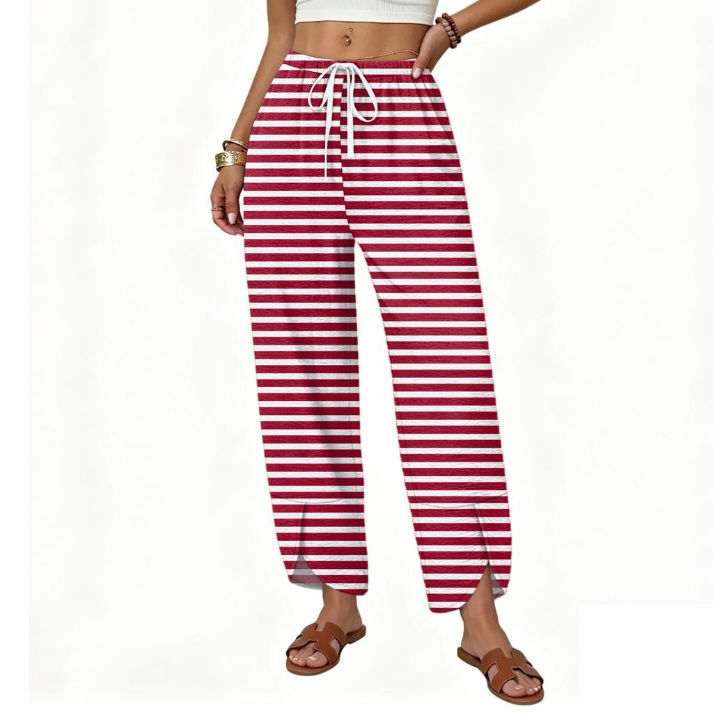 Women Casual Straight Leg Loose Fit Wide Leg Pants Button Detail Printed Pattern Drawstring Waistband Trousers