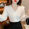 V-neck Long Sleeve Pleated Ruffled Lace Blouse 2023 Elegant Women Sweet Simple Chiffon Shirt Ladies Casual Loose Top Mujer 29723