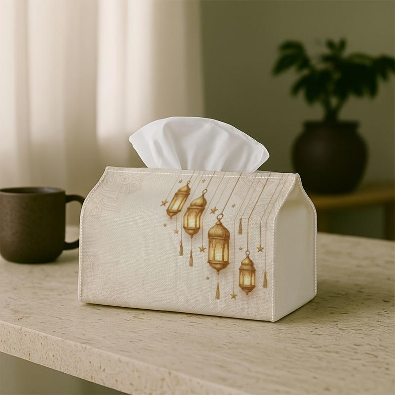 1pc Ramadan Cream Luxury Art Tissue Box | Minimal Golden Lanterns Napkin Storage Box, Suitable for Rolls/Facial Tissues/Single Sheets, Multi-functiona