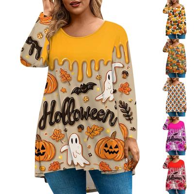 Women's Fashion Large Size Round Neck Long Sleeve Casual Halloween Print Loose Pullover Top