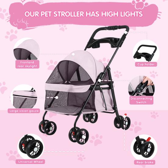 4 Wheels Folding Pet Stroller with Cup Holder, Breathable Mesh for Small Dogs and Cats, 7.5kg Capacity