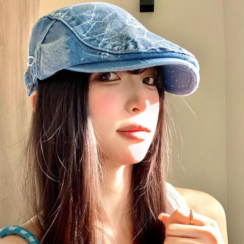 Washed cowboy forward hat, women's versatile big head circumference, wearing a duck tongue beret to show the face, small hat spring and autumn