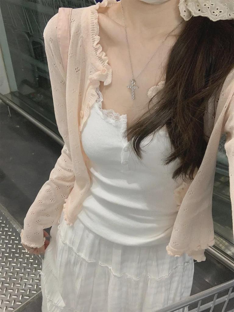 Elegantní korejský letní svetr s dutým úpletem 2025 - Dámský volný kardigan s krátkým dlouhým rukávem