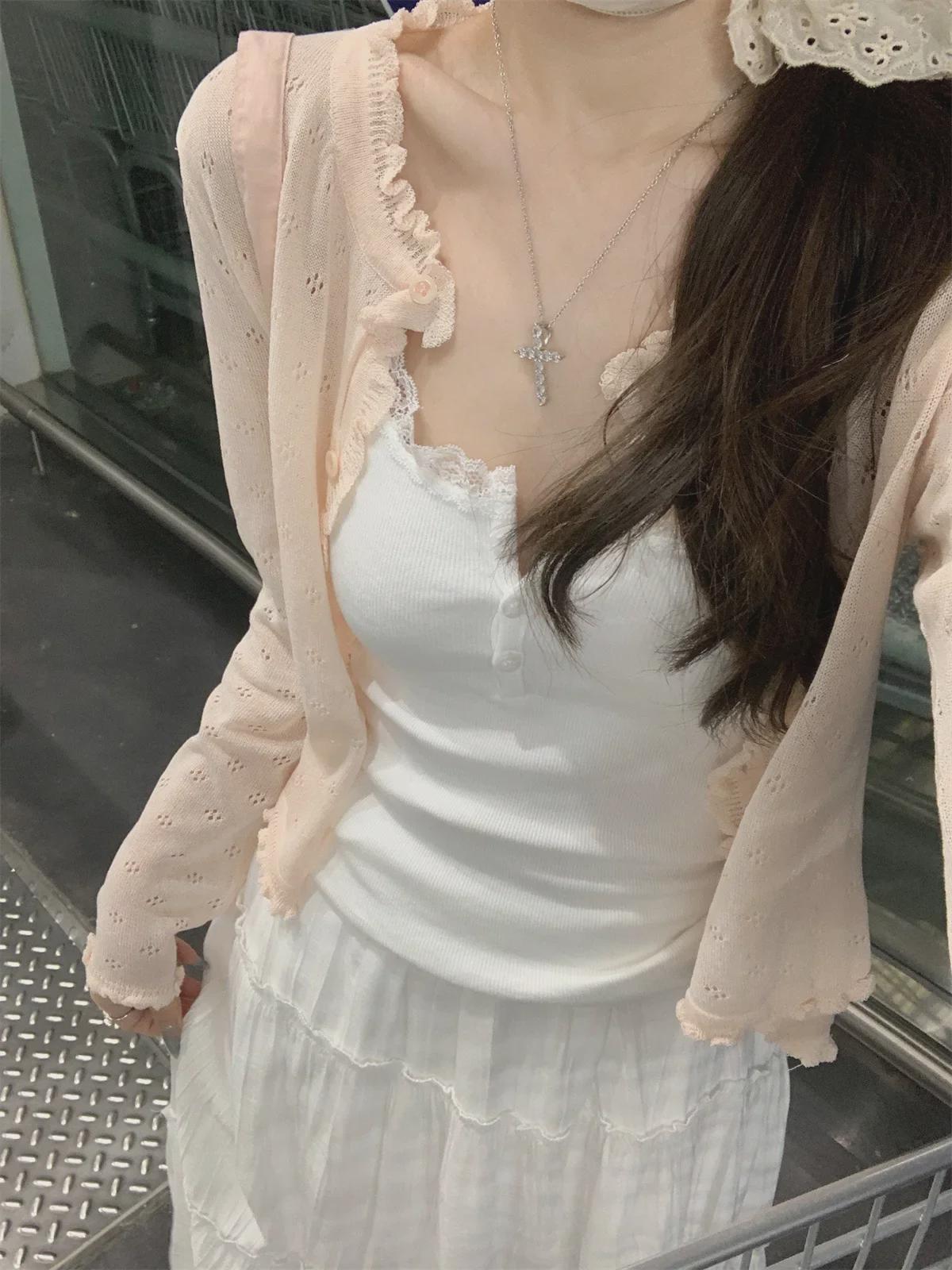 

Шикарный летний свитер корейской ажурной вязки 2025 года — женский свободный, короткий, с длинными рукавами кардиган One Size розовый