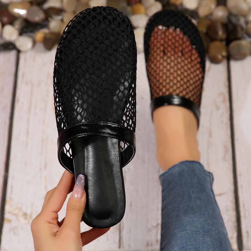 Fashion Women Slippers 2025 Summer New Home Round Head Sandals Hot Water Mesh Women Shoes Diamond Flats Home Slippers Slides Women