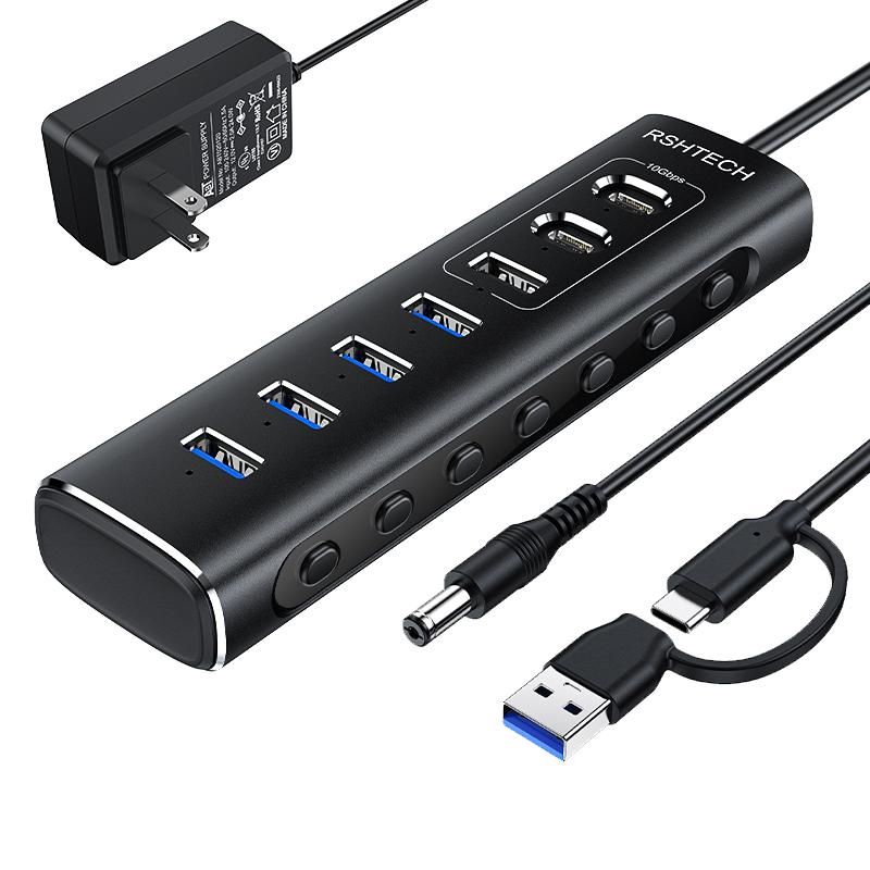 RSHTECH 7-in-1 Type C Hub USB 3.0 Powered Hub 12V/2A Switchable Connector Docking Station Usb Hub 7 Ports for Laptop