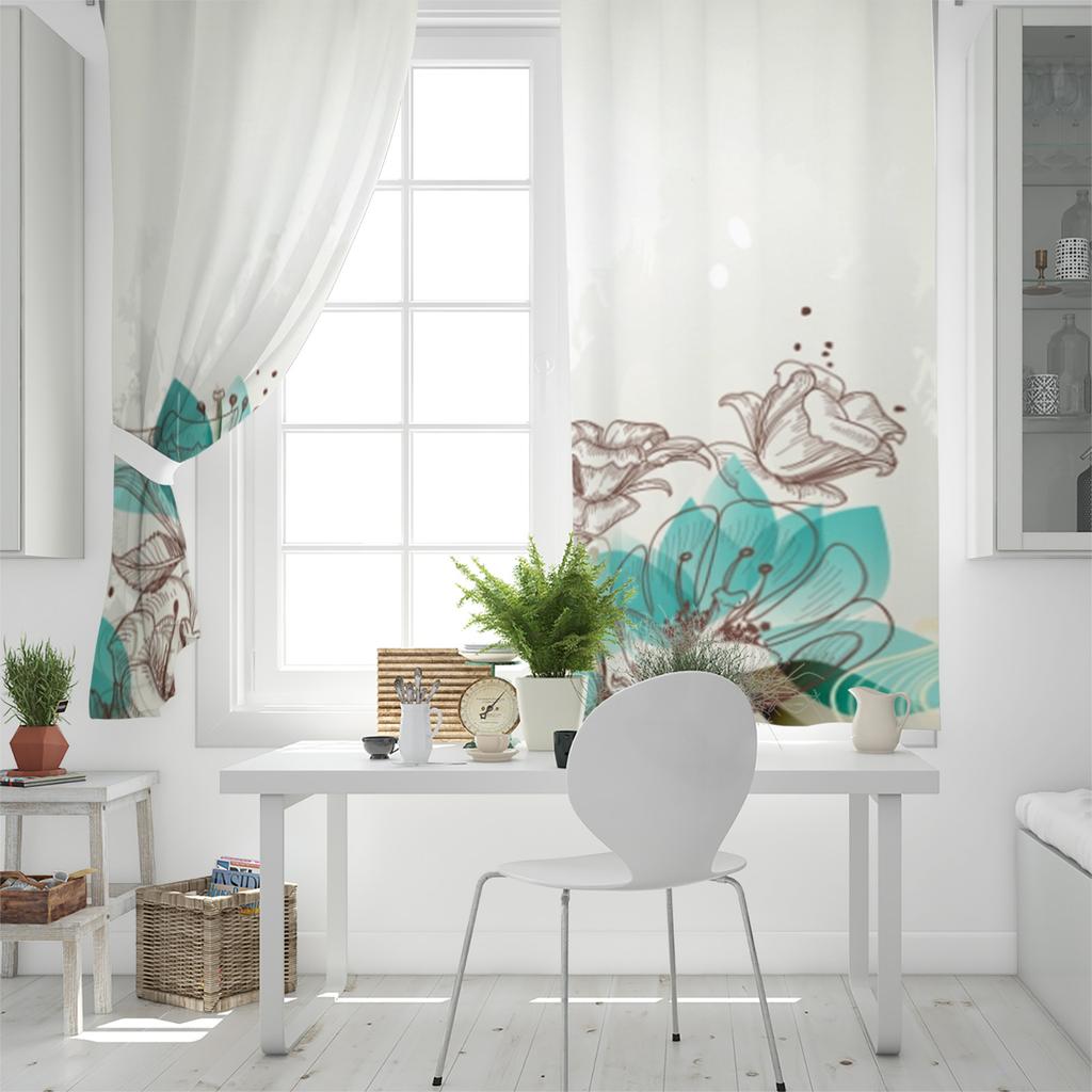 Flowers Bloom Turquoise Plants Roses Window Curtain For Living Room Bedroom Luxury Home Kitchen Decor Items Curtains