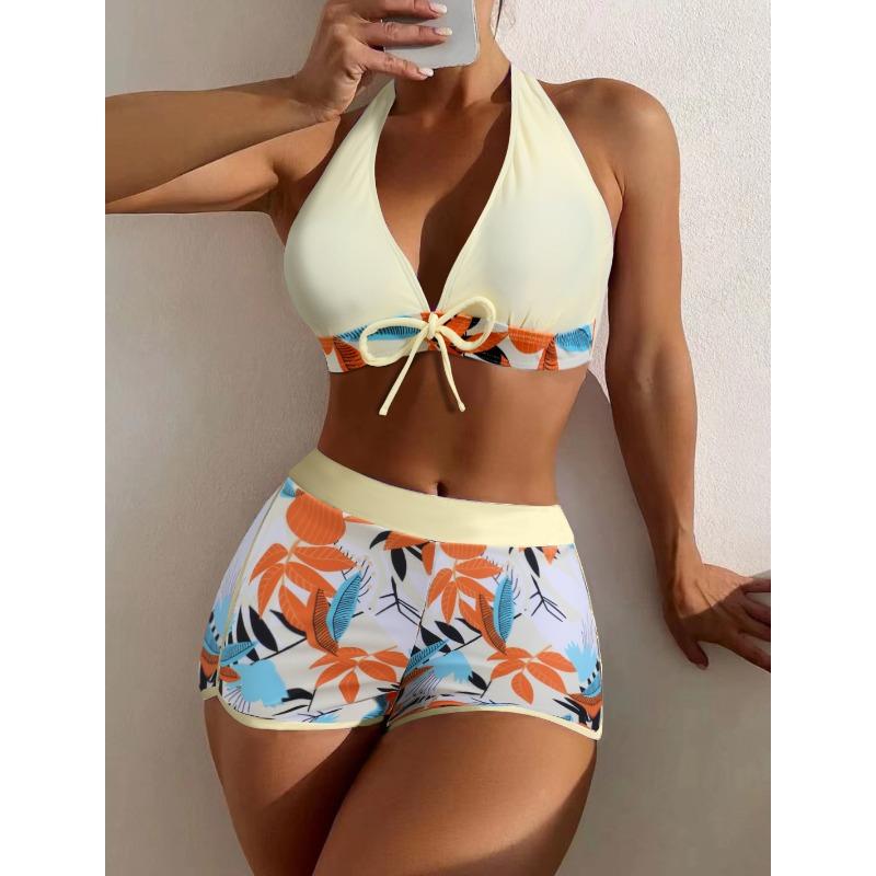 Fashion Printed Halter High Waist Conservative Plus Size Beach Swimsuit For Women