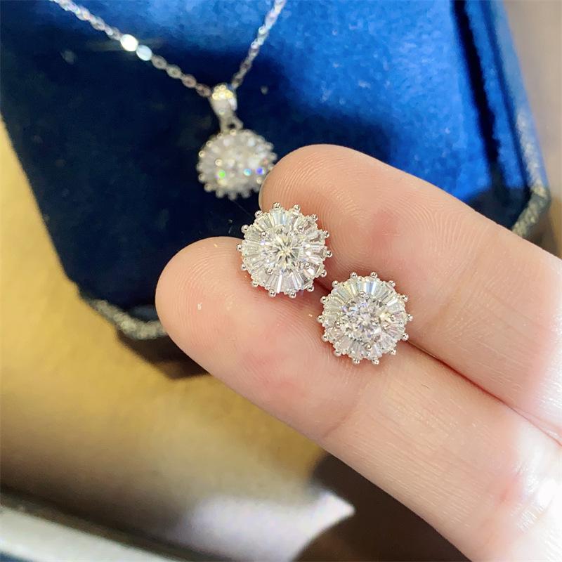 D Color Moissanite Sunflower Jewelry Set with Certificate: Ring, Earrings, Pendant, Diamond Tester Pen & Black Card