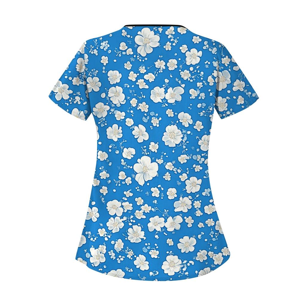 Women's Printed Work Clothes, Sloping Collar And Double Layer Pockets, Basic Top Pullover