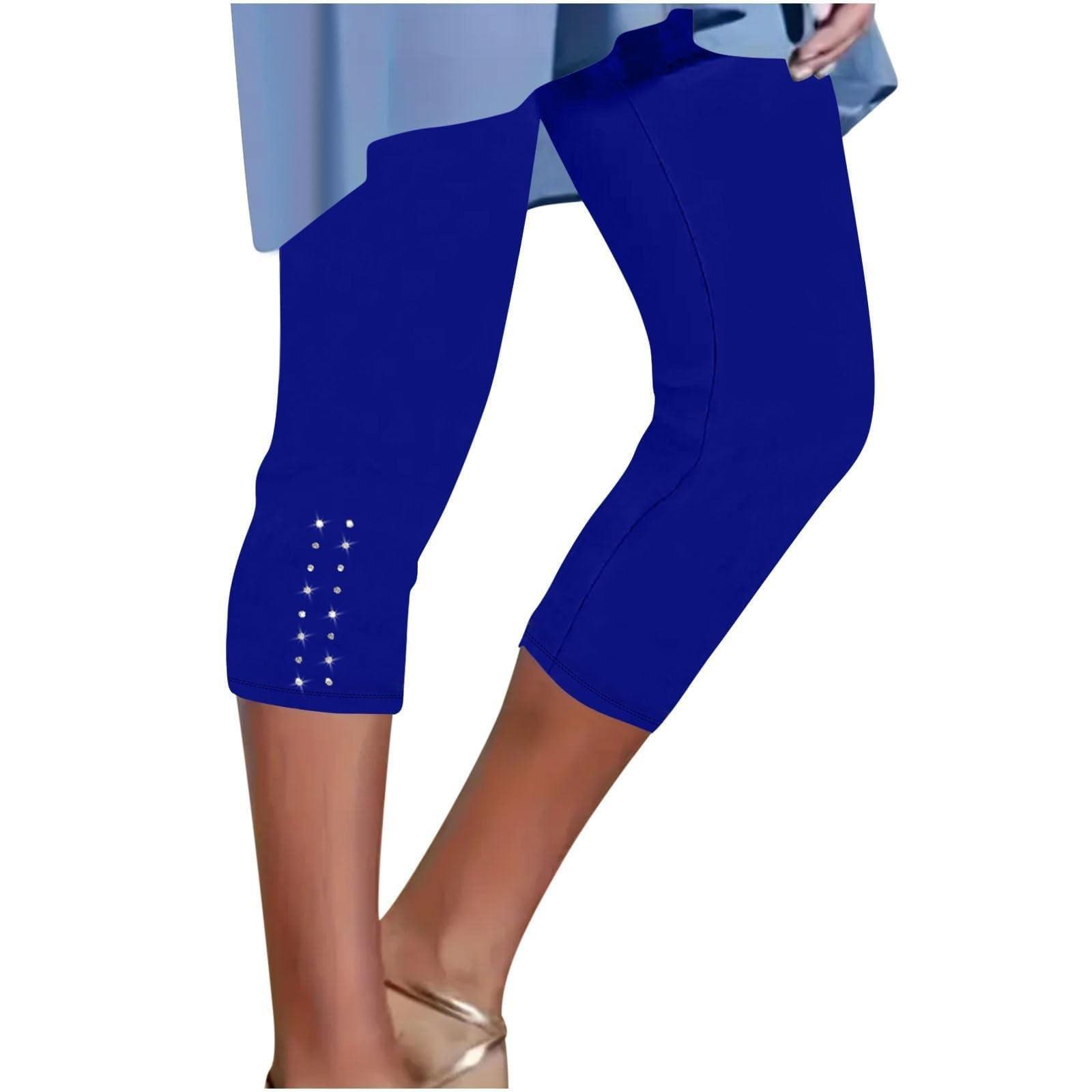Women s Mid-waist Elastic Color Cropped Pants Tight Fitting Fashionable Sexy Bright Diamond Casual Pants XXL синий