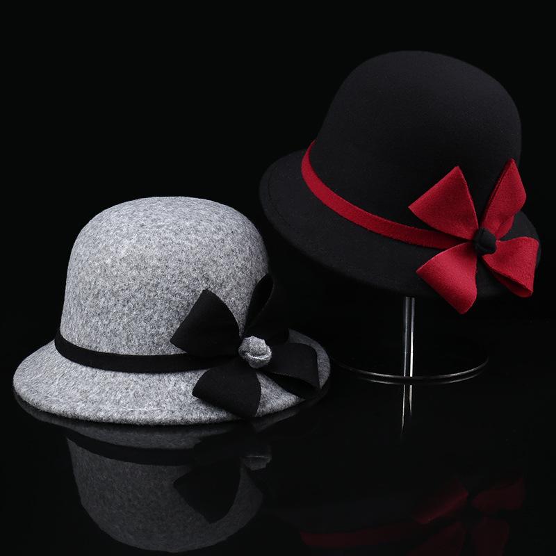 Herbst und Winter Wolle Blumentopfhut Französischer Filz Damen Outdoor Warmer Winddichter Zylinder Hut Wolliger Hut mit breiter Krempe
