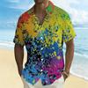 Women Short Sleeve Shirt Black Base With Multicolor Paint Splash Abstract Print Lapel Button Up Top