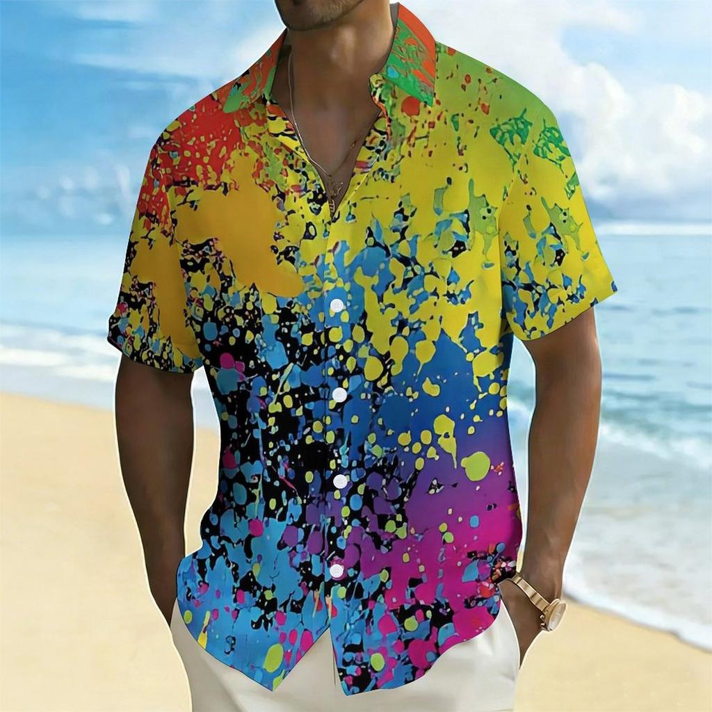 Women Short Sleeve Shirt Black Base With Multicolor Paint Splash Abstract Print Lapel Button Up Top