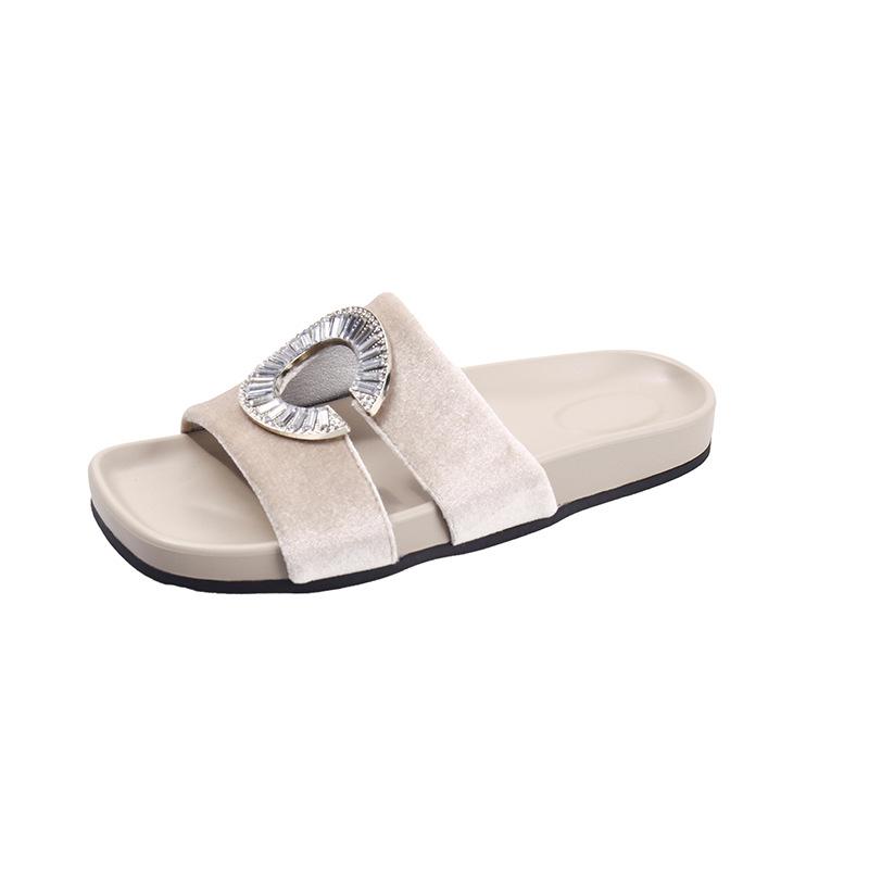 2025 New Rhinestone Flat Sandals Velvet Women's Shoes Fashion Versatile Casual Word with Sandals Beach Cool