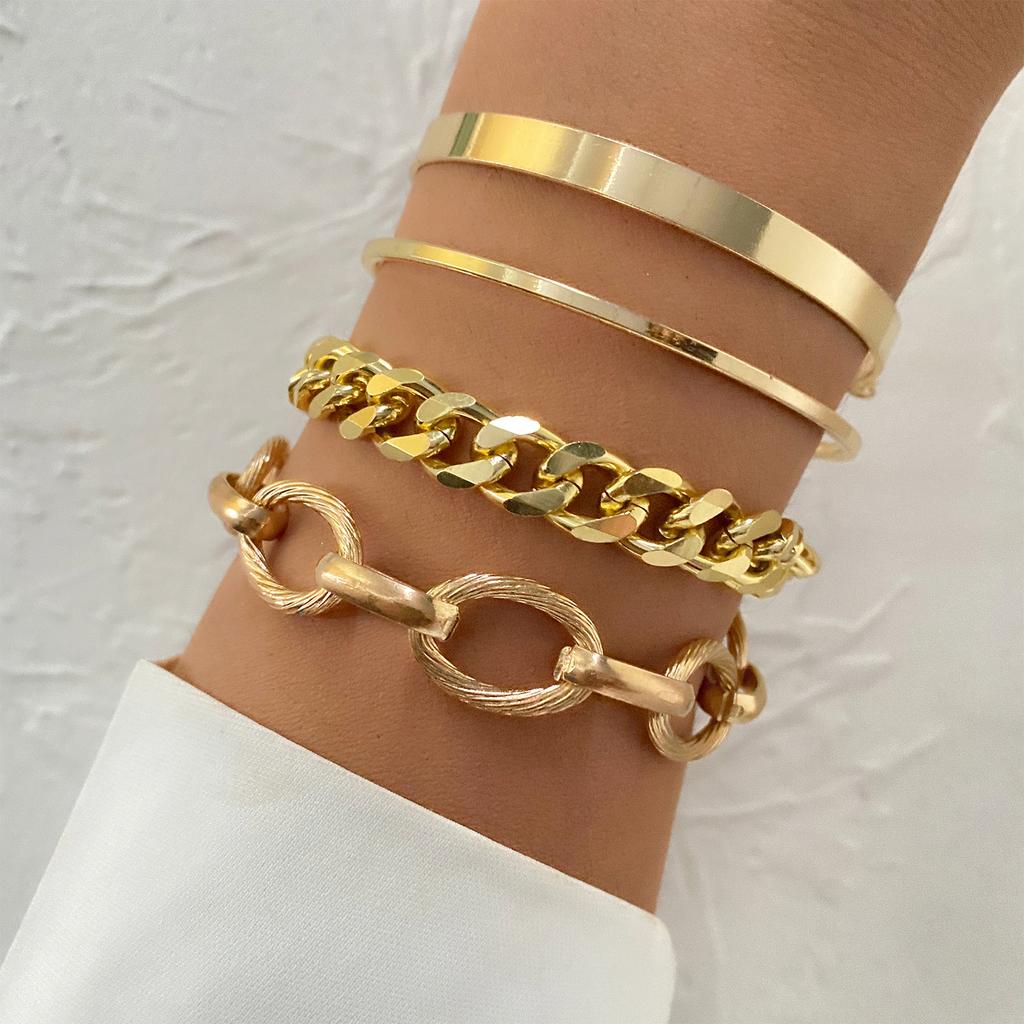 VKME Hot Sale Double-Layered Cuban Chain Bracelet Set Punk Style with Thick Gold-Plated Bands for Men Women Hip Hop Jewelry