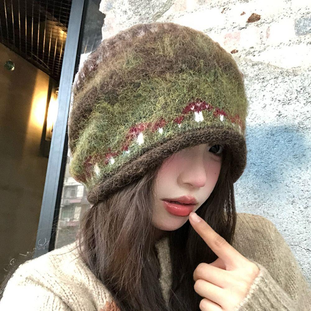 Thicken Winter Pullover Hat Ethnic Style Beanies Hat Casual Fair Isle Style Knitted Hat Outdoor
