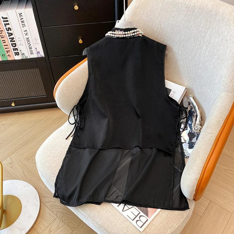 Vintage Chinese Style Vests Jacket Stitched Mesh Embroidered Buckle Tang Costume Coat Summer Unique Sleeveless Women's Vest