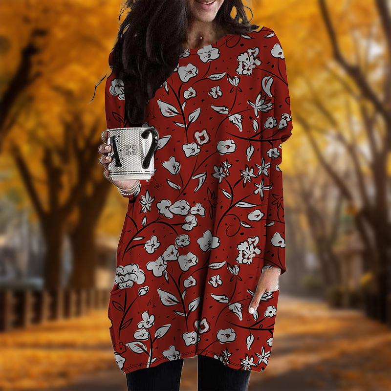 Neu im Herbst Linie Blumendruck Plus Size Kleid Frauen Oansatz Lange Ärmel Casual Tasche Kleider