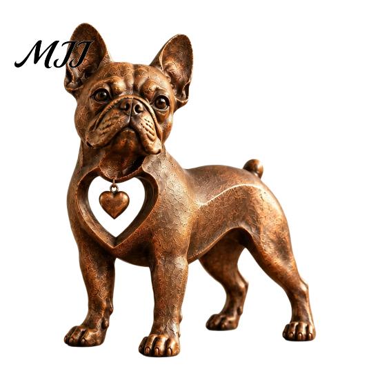 Resin Dog Sculpture Vintage Bronze French Bulldog Figurine, Standing Frenchie Statue with Heart Pendant, Pet Lover Gift Desktop Ornament for