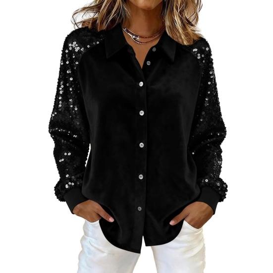 Yousheng Women Shirt Button-Down Lapel Long Sleeve Shirt Tops Solid Color Loose Fit Shiny Sequins Sleeve Velvet Shirt Cocktail Party Wear