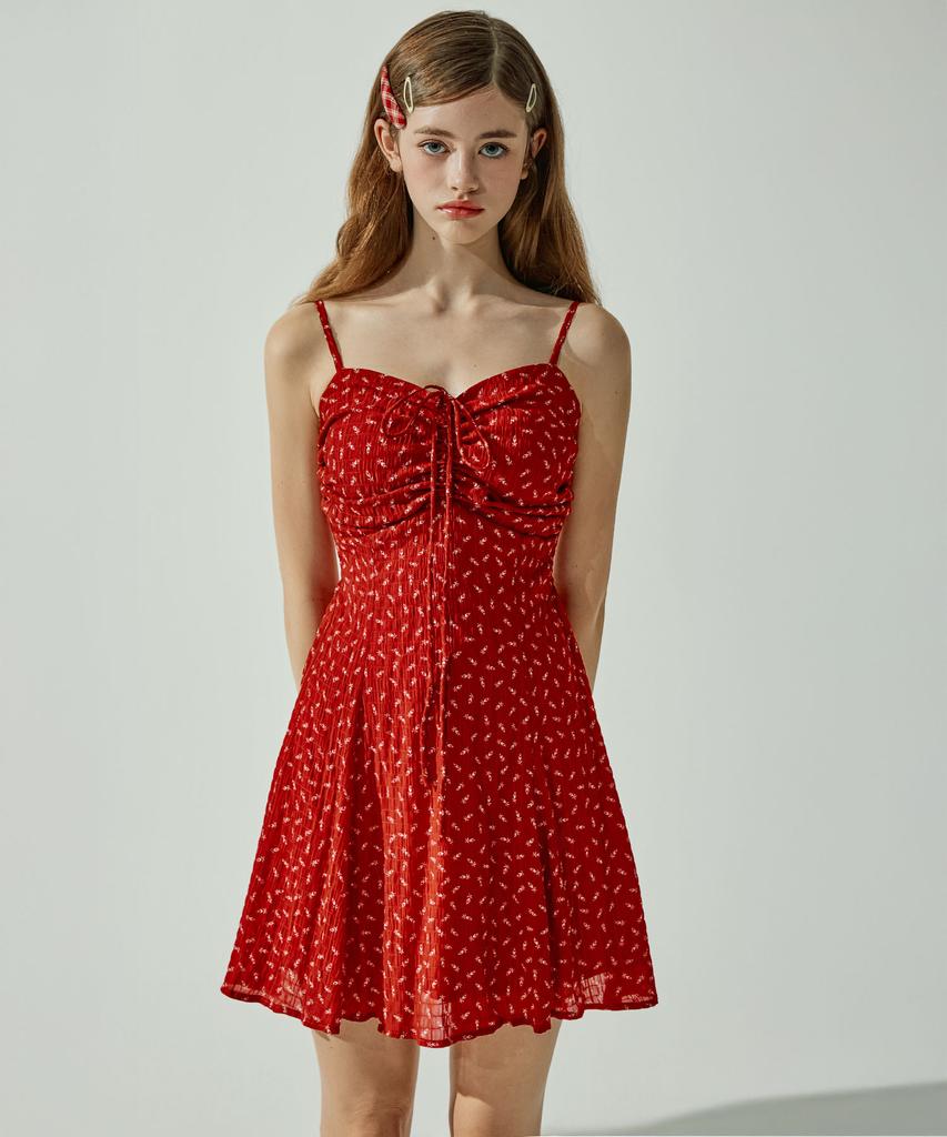 VIKINI VENDER Fraise Ribbon Shirring Mini Dress