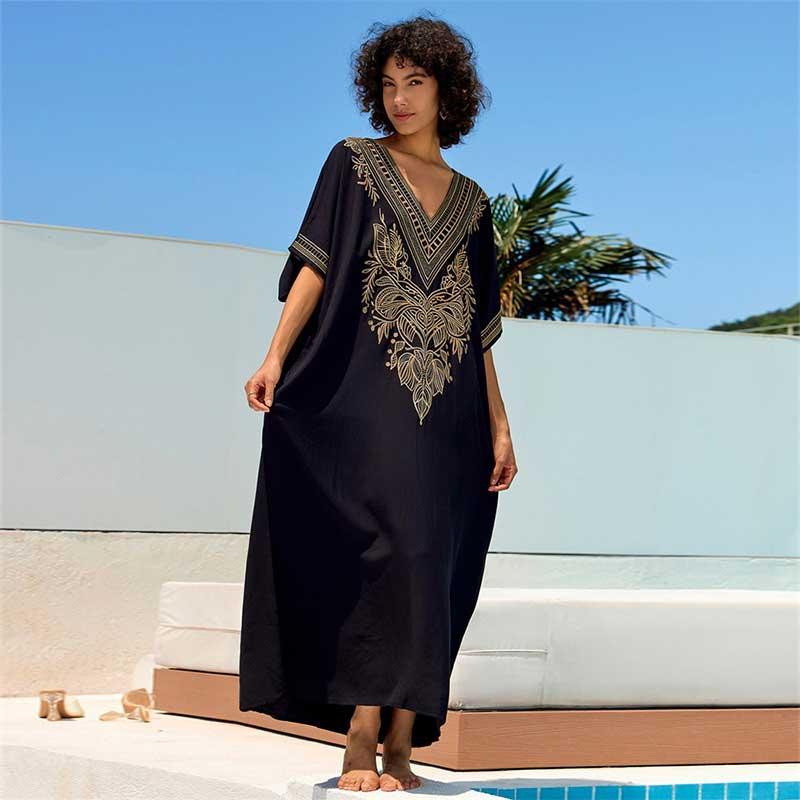EDOLYNSA Chic Gold Thread Embroidered Plus Size Black Kaftan V Neck Dress 2024 Women Summer Beachwear Swimsuit Cover Up Loose Caftan Q1685