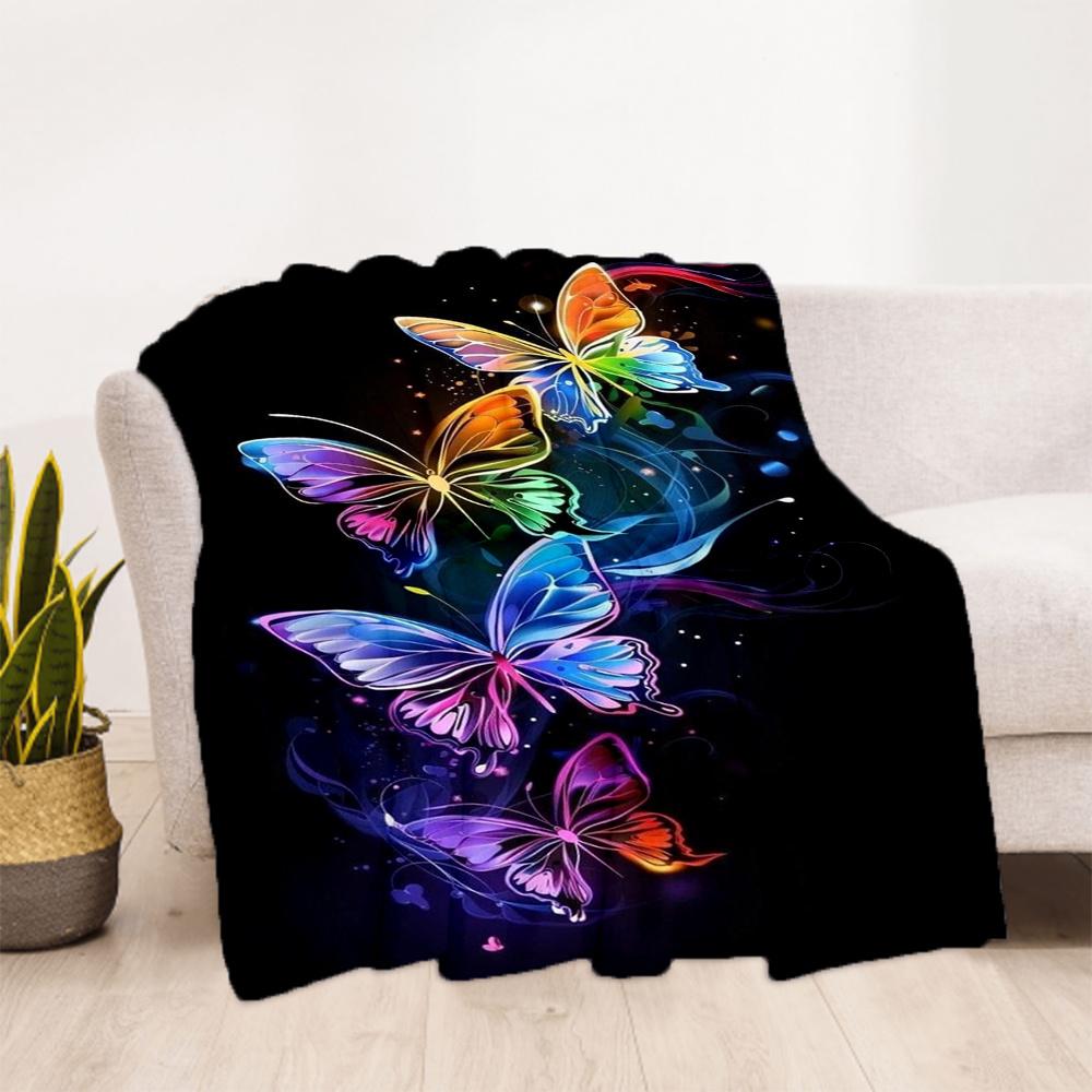 1pc Butterflies, Rainbow Flannel Blanket, Comfortable and Warm Blanket, for Camping Sofa Bed and Couch Office046