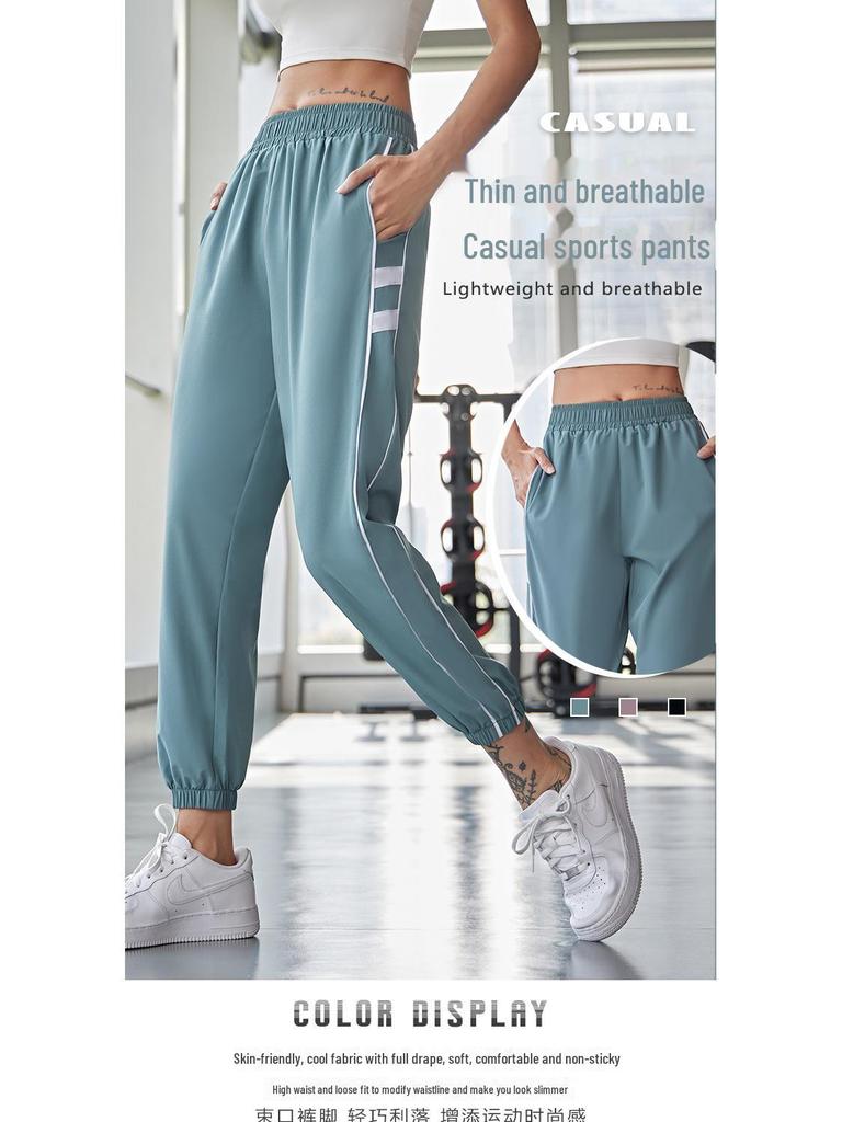 Juyitang Women's High-Waist Striped Yoga Leggings - Summer Slim Fit Nine-Point Running Pants