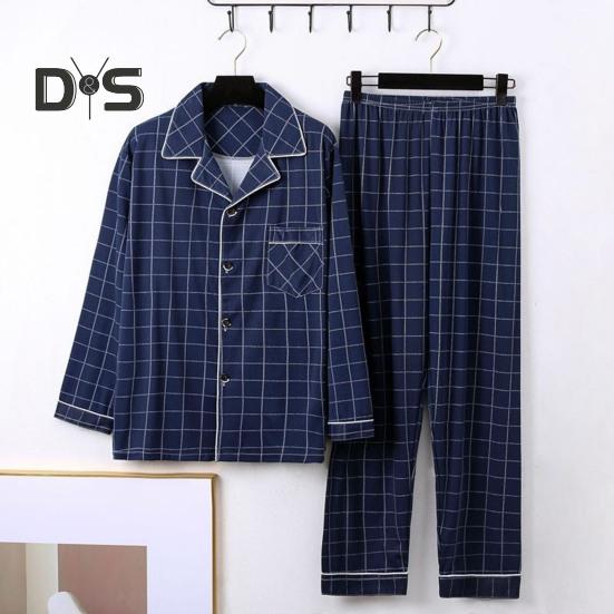 2Pcs/Set Men Pajamas Set Plaid Print Lapel Long Sleeve Single Breasted Shirt Elastic Waist Long Pants Set Loose Fit Loungewear Suit