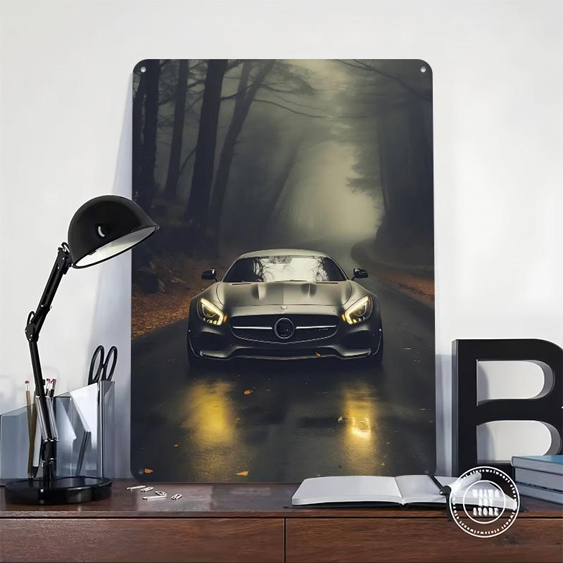 Sports Car in Foggy Forest Tin Plaque Poster Customized Wall Art Retro Vintage Metal Signs for Room Decoration Home Desk Decor