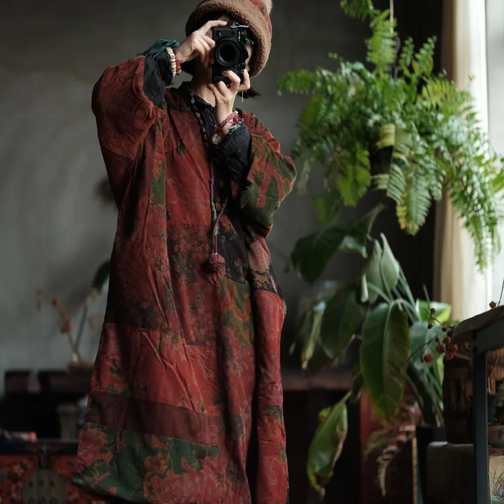 Johnature Women Patchwork Floral Pullover V-Neck Long Sleeve Warm Winter Chinese Style Female Dresses