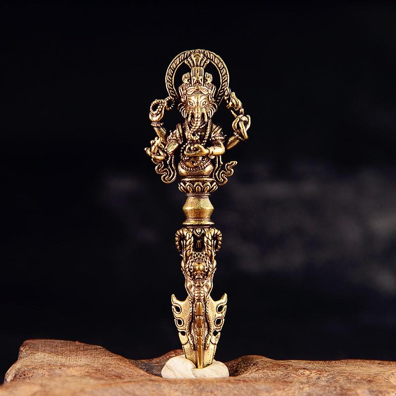 Solid Brass Tibetan Vajra Dorje Ritual Staff Handheld Ornament Buddha Statue Decorative Figurine