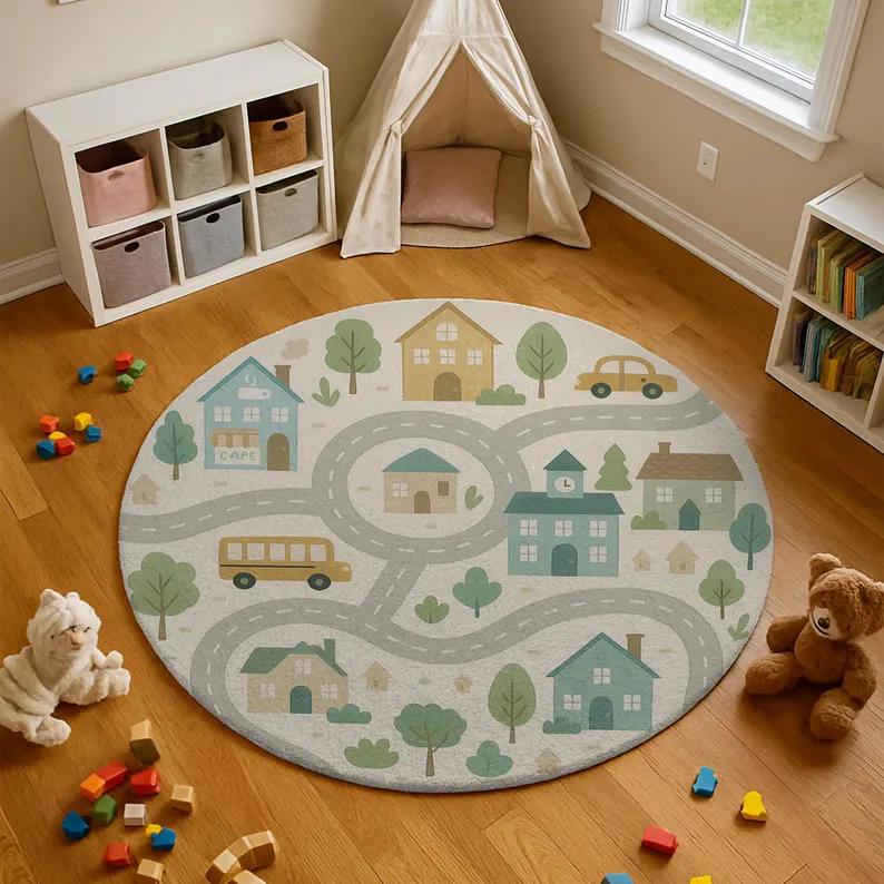 Kids Race Track Rug Round Toy Car Play Mat Nursery Decor Interactive Car Track Nursery Floor Mat Educational Playroom Home Decor