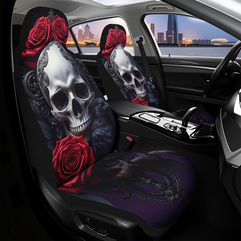 2pcs Gothic Skull & Rose Car Seat Covers - Dark Purple & Gothic Design With Red Roses, Soft Washable Polyester, Fit For Cars, Tr